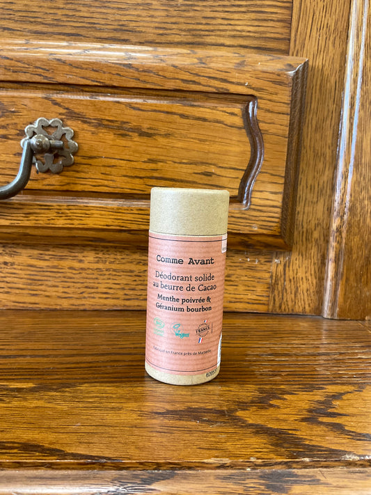 🌸Déodorant solide au beurre de cacao – Menthe poivrée & Géranium bourbon