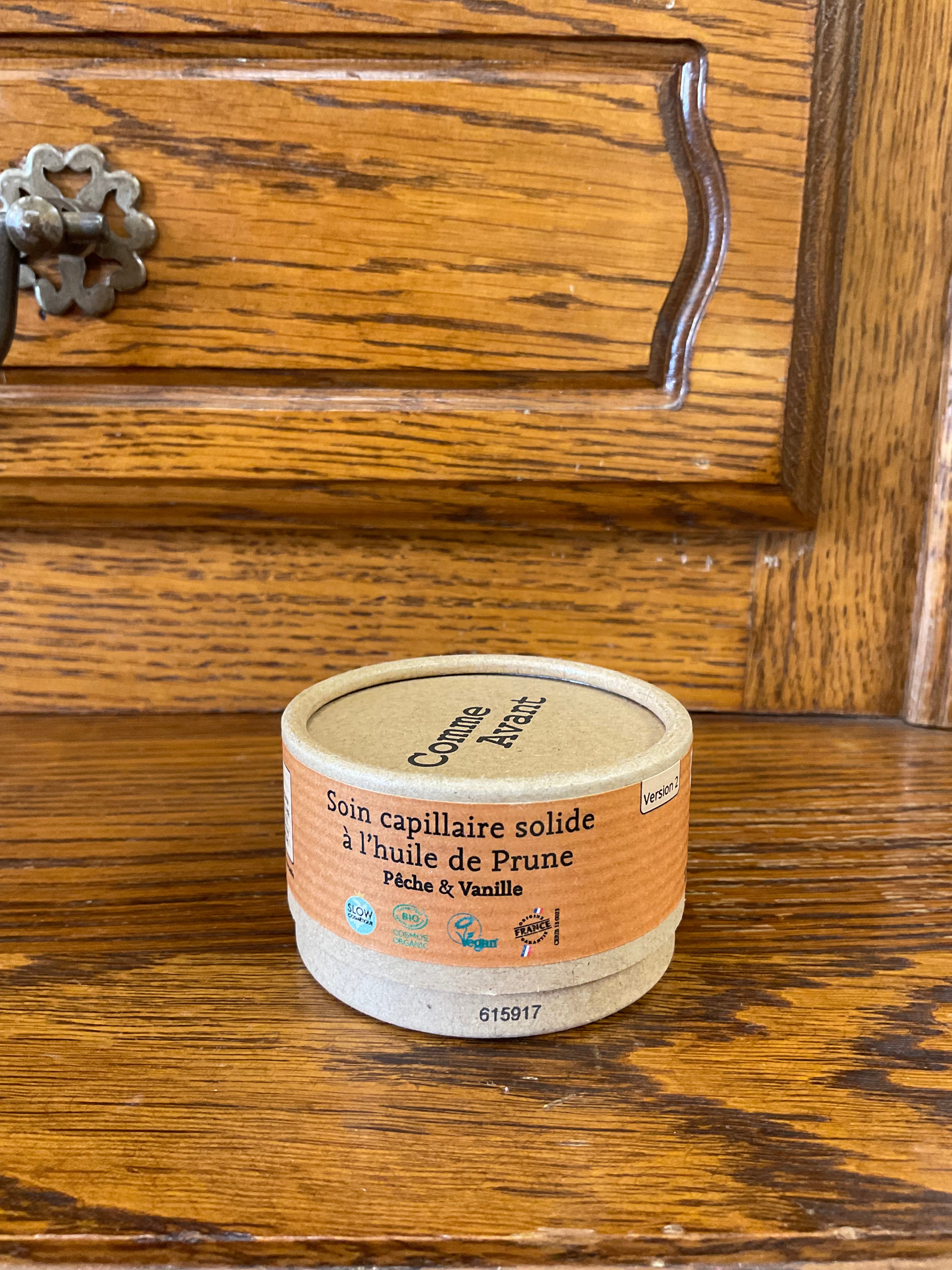 Soin capillaire solide à l’huile de prune – Pêche & Vanille